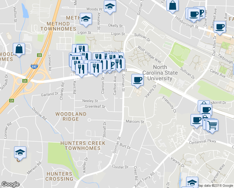 map of restaurants, bars, coffee shops, grocery stores, and more near 1123 Carlton Avenue in Raleigh