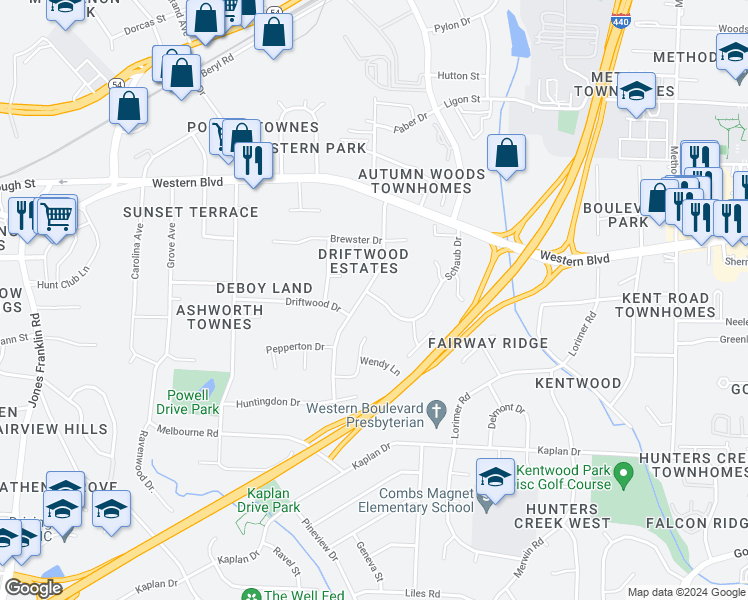 map of restaurants, bars, coffee shops, grocery stores, and more near 1212 Schaub Drive in Raleigh