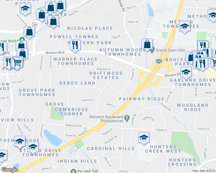 map of restaurants, bars, coffee shops, grocery stores, and more near 1212 Schaub Drive in Raleigh