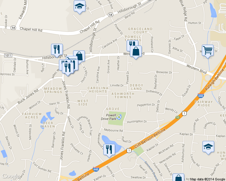 map of restaurants, bars, coffee shops, grocery stores, and more near 6301 Grove Avenue in Raleigh