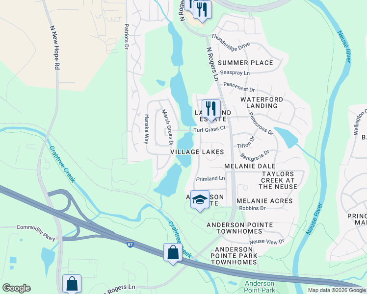 map of restaurants, bars, coffee shops, grocery stores, and more near 5210 Turf Grass Court in Raleigh