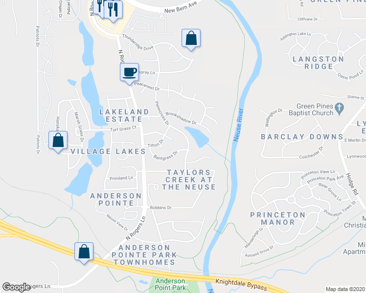 map of restaurants, bars, coffee shops, grocery stores, and more near 5417 Bentgrass Drive in Raleigh