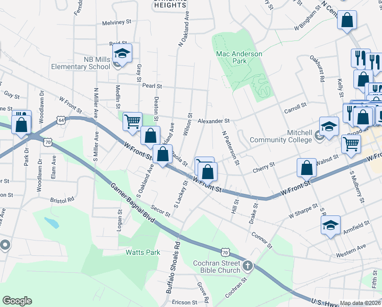 map of restaurants, bars, coffee shops, grocery stores, and more near 208 Wilson Street in Statesville
