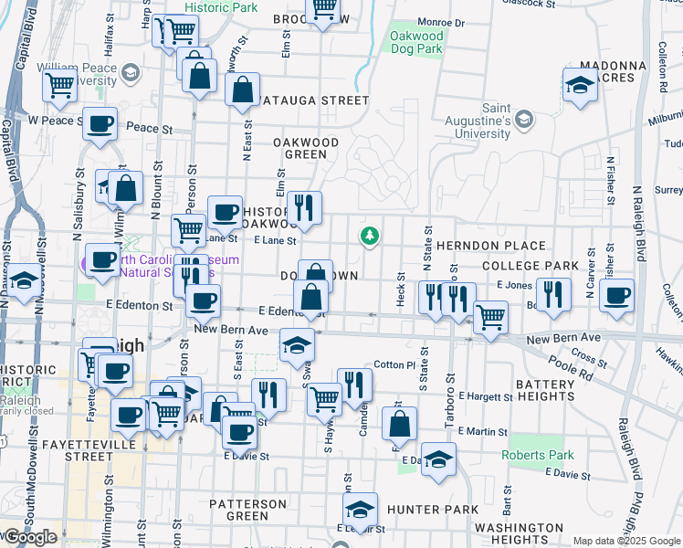 map of restaurants, bars, coffee shops, grocery stores, and more near 811 East Jones Street in Raleigh