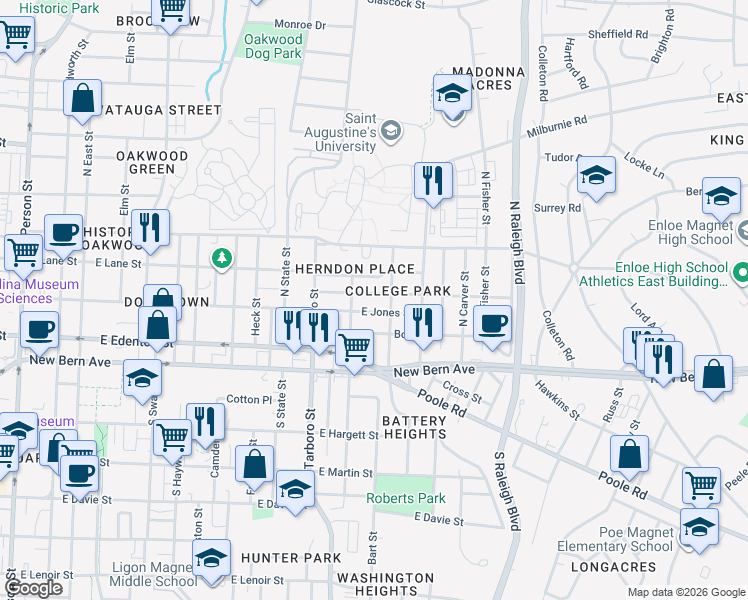 map of restaurants, bars, coffee shops, grocery stores, and more near 1214 Pender Street in Raleigh