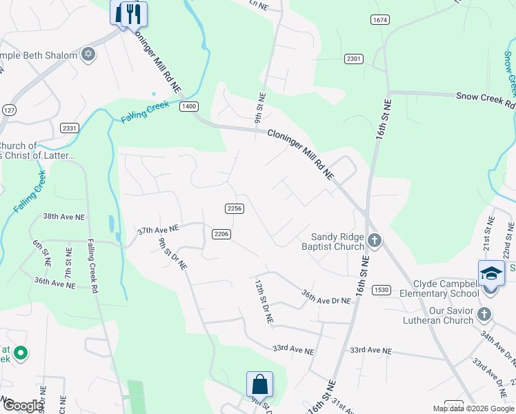 map of restaurants, bars, coffee shops, grocery stores, and more near 3883 12th Street Northeast in Hickory