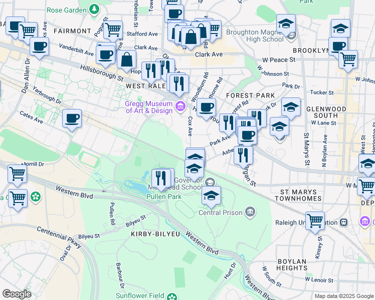 map of restaurants, bars, coffee shops, grocery stores, and more near 218 Cox Avenue in Raleigh