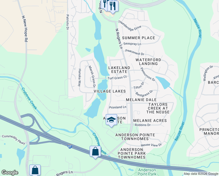 map of restaurants, bars, coffee shops, grocery stores, and more near 5210 Turf Grass Court in Raleigh