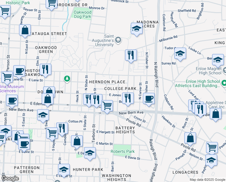 map of restaurants, bars, coffee shops, grocery stores, and more near 1212 Pender Street in Raleigh