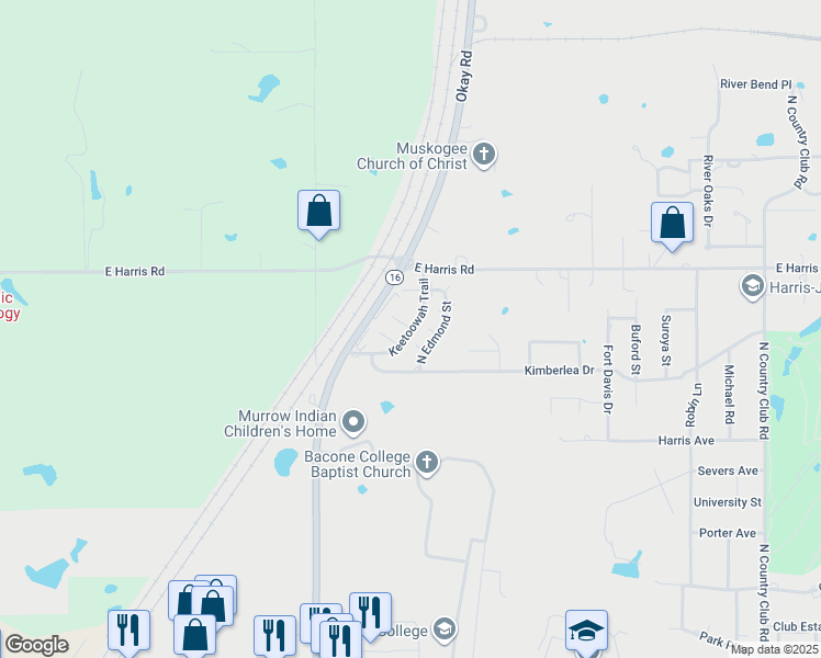 map of restaurants, bars, coffee shops, grocery stores, and more near 2806 Keetoowah Trail in Muskogee