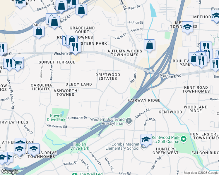 map of restaurants, bars, coffee shops, grocery stores, and more near 1287 Schaub Drive in Raleigh
