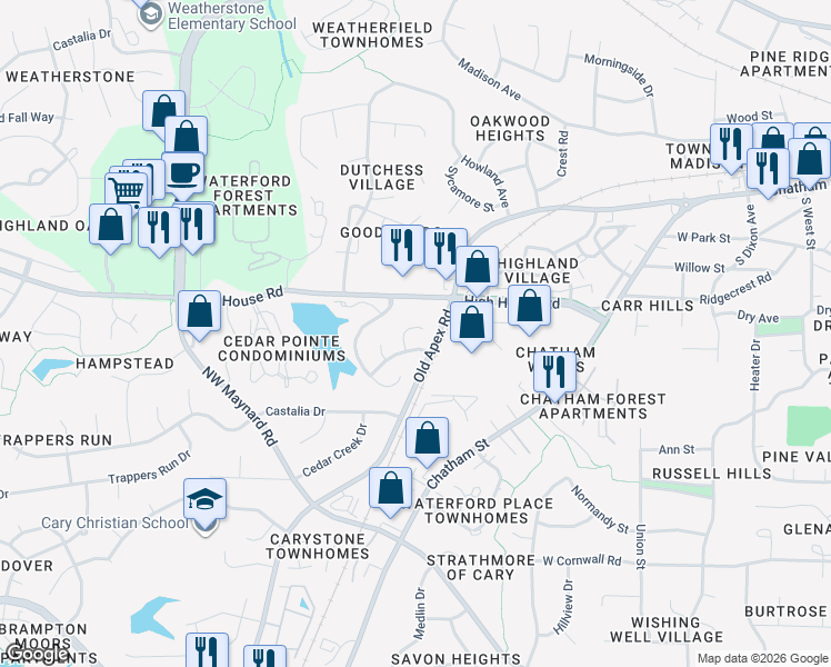 map of restaurants, bars, coffee shops, grocery stores, and more near 104 Marshfield Pl in Cary