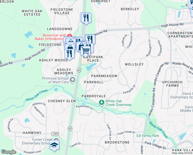 map of restaurants, bars, coffee shops, grocery stores, and more near 203 Parkknoll Lane in Cary