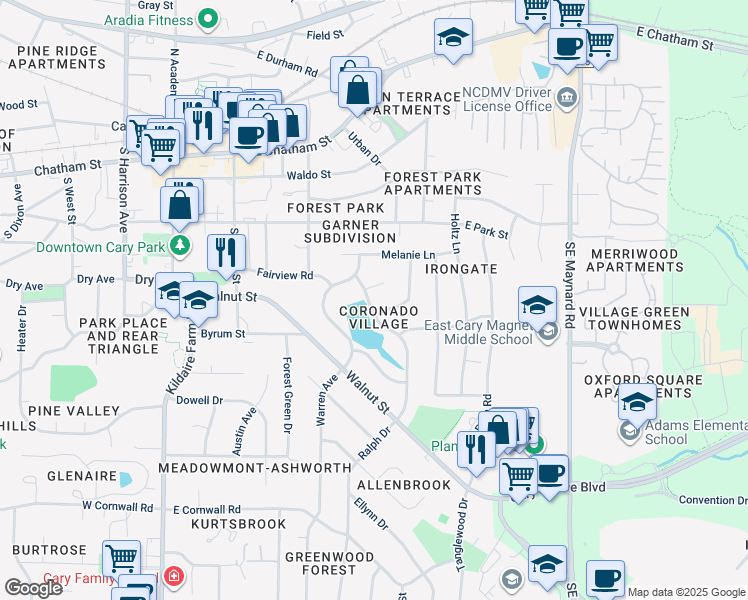 map of restaurants, bars, coffee shops, grocery stores, and more near 205 Ralph Drive in Cary