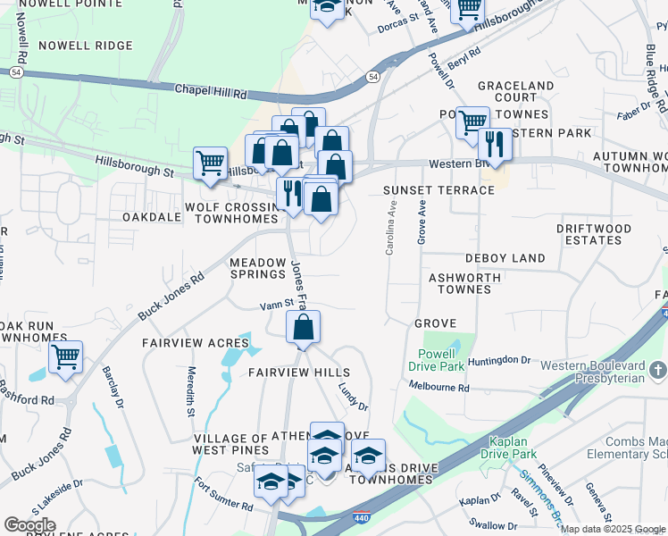 map of restaurants, bars, coffee shops, grocery stores, and more near 4810 Blue Bird Court in Raleigh