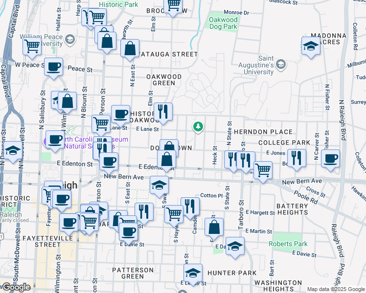 map of restaurants, bars, coffee shops, grocery stores, and more near 811 East Jones Street in Raleigh