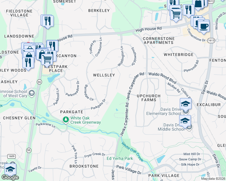 map of restaurants, bars, coffee shops, grocery stores, and more near 120 Bergeron Way in Cary