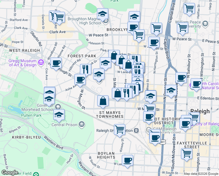 map of restaurants, bars, coffee shops, grocery stores, and more near 151 Saint Marys Street in Raleigh