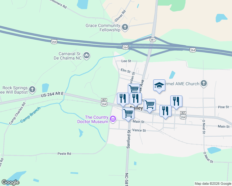 map of restaurants, bars, coffee shops, grocery stores, and more near 6856 Peele Rd in Bailey