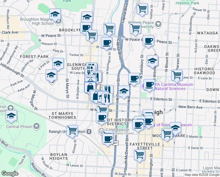 map of restaurants, bars, coffee shops, grocery stores, and more near 125 North Harrington Street in Raleigh