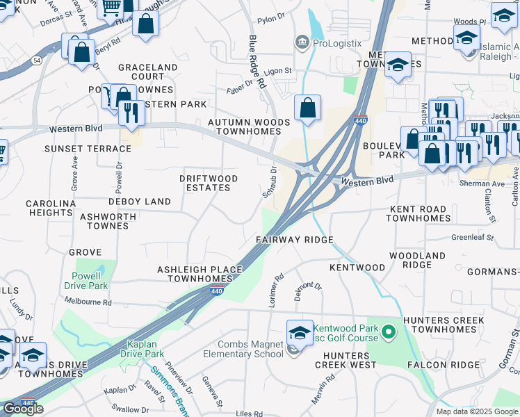 map of restaurants, bars, coffee shops, grocery stores, and more near 1025 Schaub Drive in Raleigh