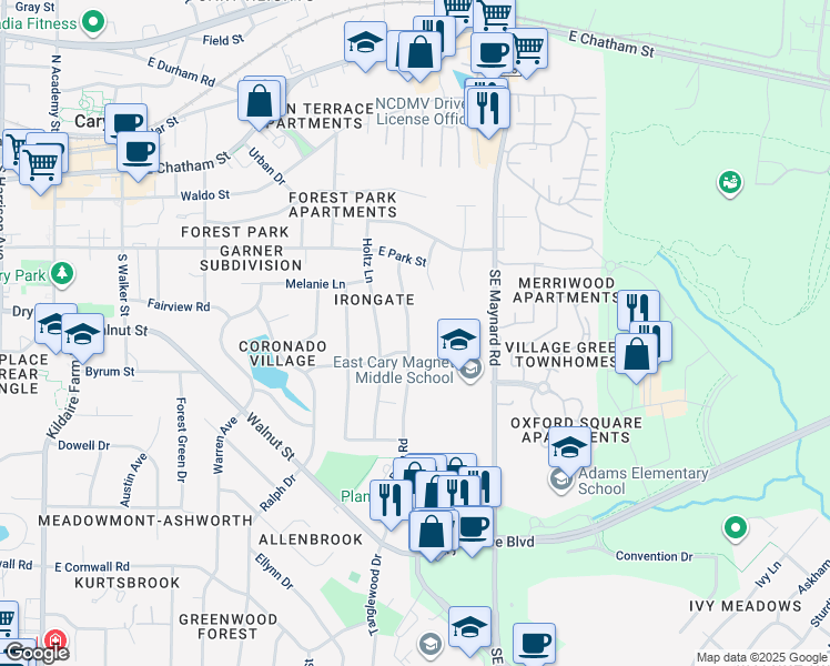 map of restaurants, bars, coffee shops, grocery stores, and more near 417 Ryan Road in Cary