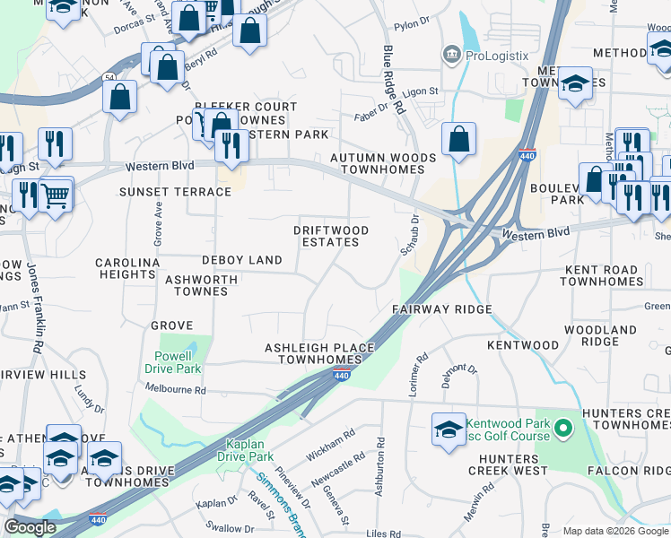map of restaurants, bars, coffee shops, grocery stores, and more near 1212 Schaub Drive in Raleigh