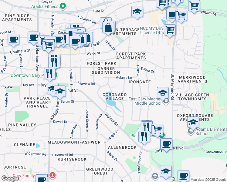 map of restaurants, bars, coffee shops, grocery stores, and more near 205 Ralph Drive in Cary