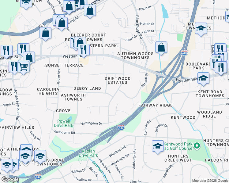 map of restaurants, bars, coffee shops, grocery stores, and more near 1104 Deboy Street in Raleigh