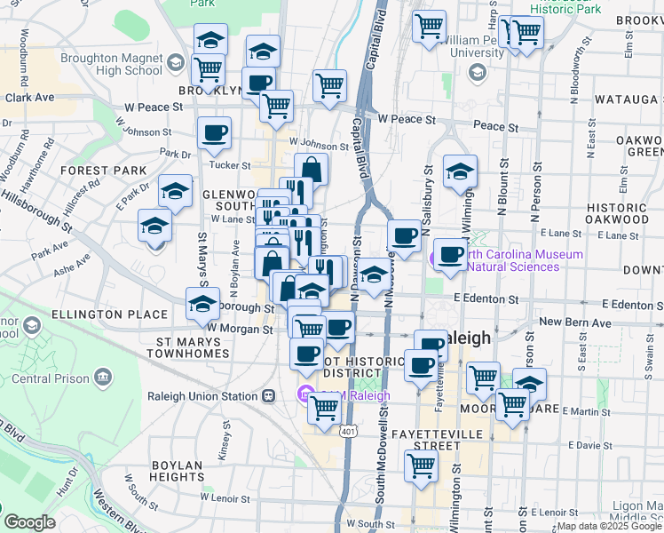 map of restaurants, bars, coffee shops, grocery stores, and more near 323 West Jones Street in Raleigh