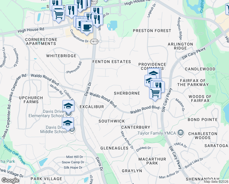 map of restaurants, bars, coffee shops, grocery stores, and more near 109 Bradwyck Drive in Cary