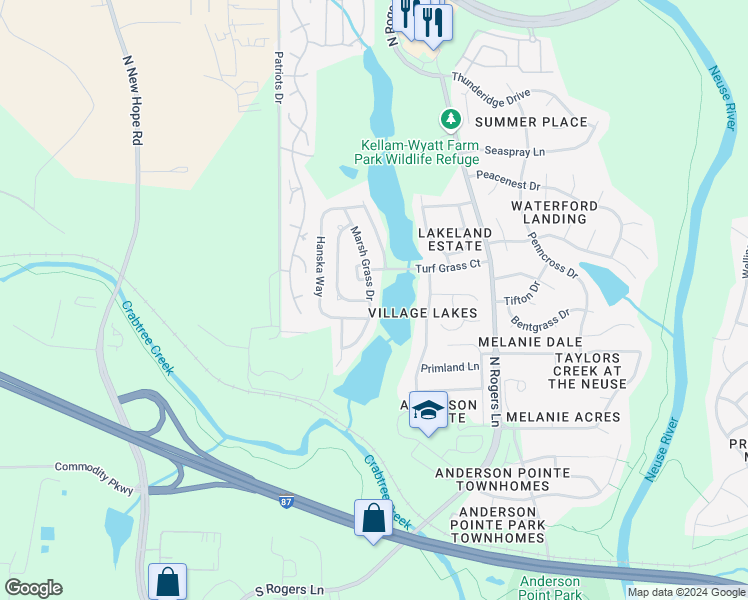 map of restaurants, bars, coffee shops, grocery stores, and more near 512 Marsh Grass Drive in Raleigh