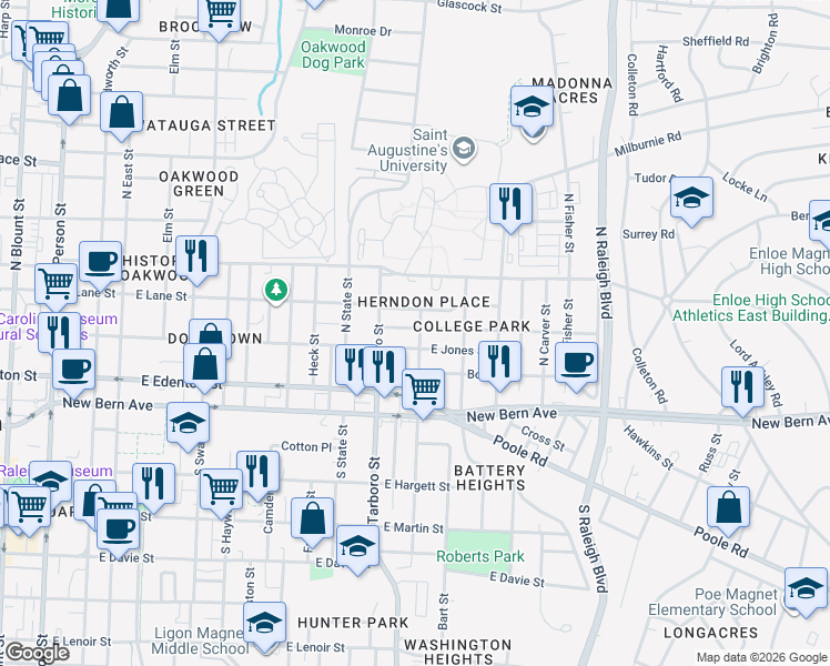 map of restaurants, bars, coffee shops, grocery stores, and more near 1114 Pender Street in Raleigh