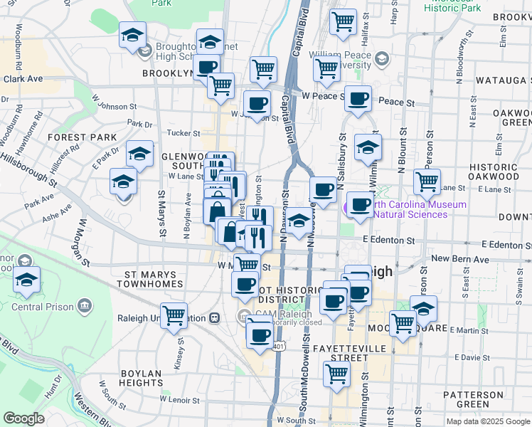 map of restaurants, bars, coffee shops, grocery stores, and more near 125 North Harrington Street in Raleigh