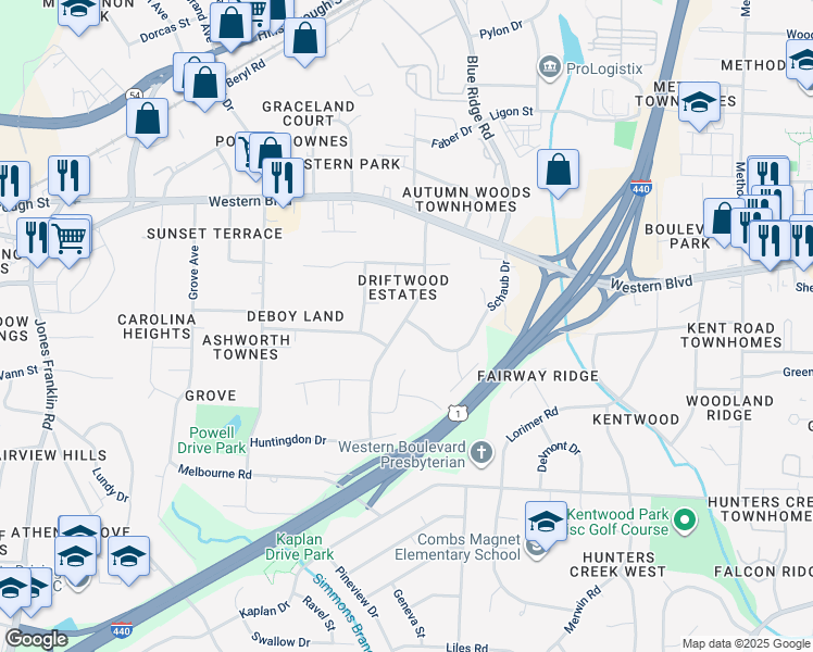 map of restaurants, bars, coffee shops, grocery stores, and more near 1212 Schaub Drive in Raleigh