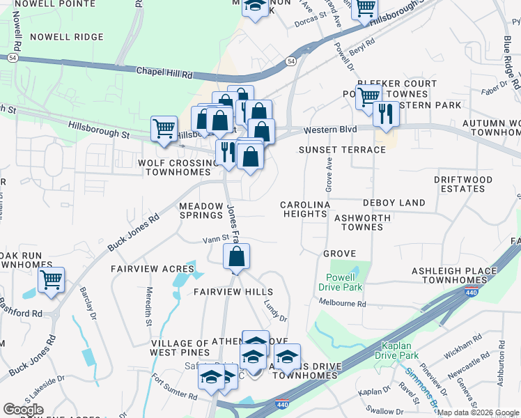 map of restaurants, bars, coffee shops, grocery stores, and more near 4816 Blue Bird Court in Raleigh