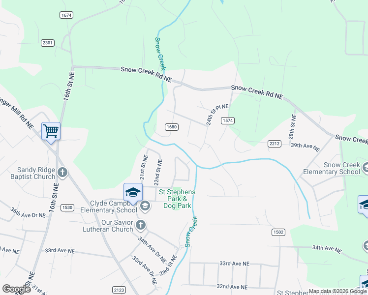 map of restaurants, bars, coffee shops, grocery stores, and more near 2310 39th Avenue Court Northeast in Hickory