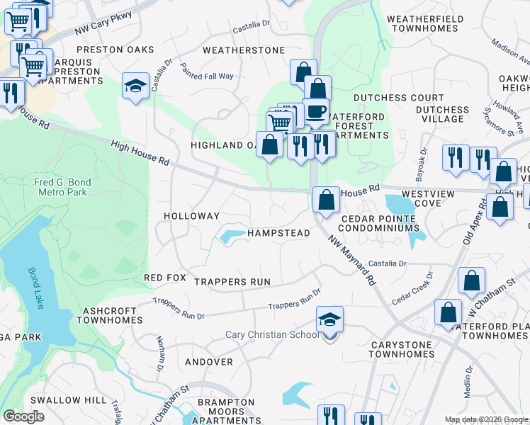 map of restaurants, bars, coffee shops, grocery stores, and more near 104 Culcross Court in Cary