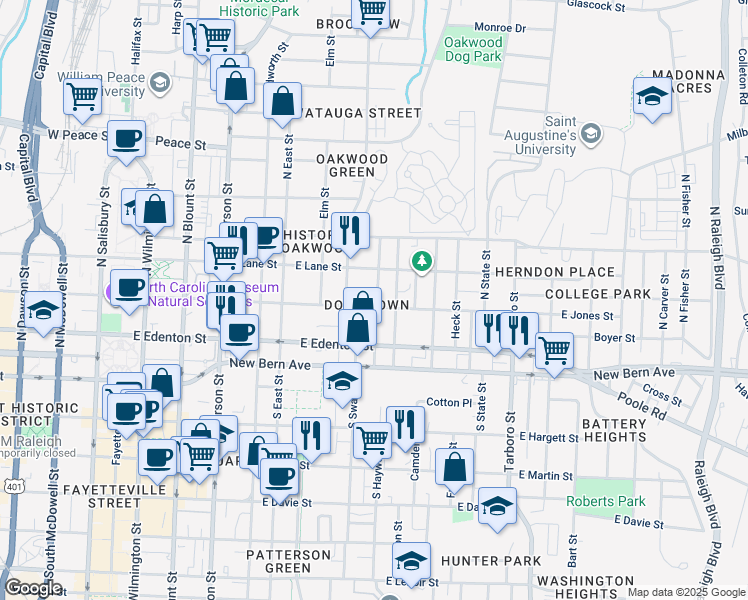 map of restaurants, bars, coffee shops, grocery stores, and more near 217 Cooke Street in Raleigh