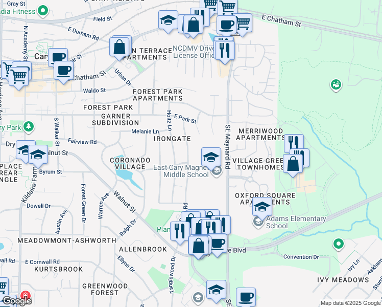 map of restaurants, bars, coffee shops, grocery stores, and more near 417 Ryan Road in Cary
