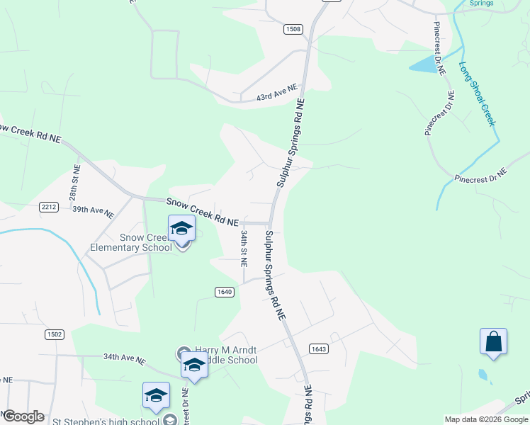 map of restaurants, bars, coffee shops, grocery stores, and more near 3835 Sulphur Springs Road Northeast in Hickory