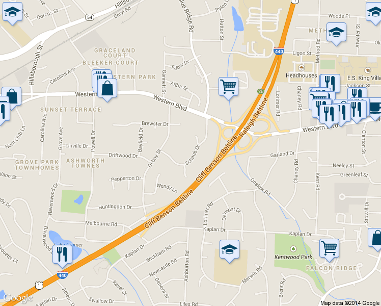 map of restaurants, bars, coffee shops, grocery stores, and more near 1130 Schaub Drive in Raleigh