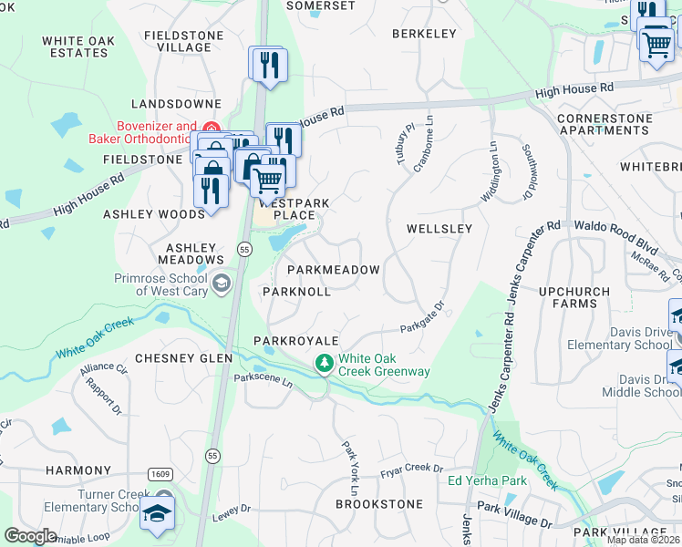 map of restaurants, bars, coffee shops, grocery stores, and more near 111 Parkmist Circle in Cary