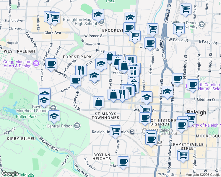 map of restaurants, bars, coffee shops, grocery stores, and more near 151 Saint Marys Street in Raleigh