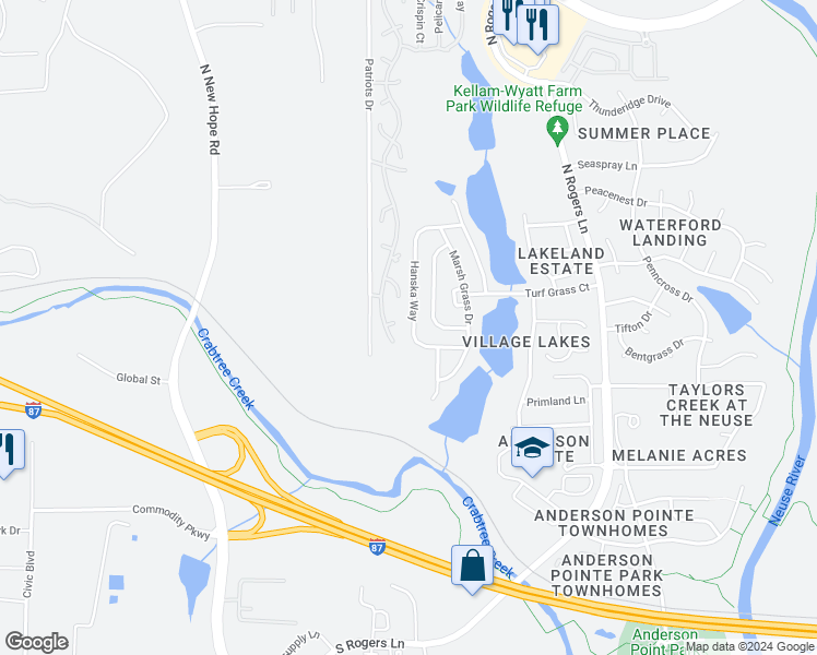map of restaurants, bars, coffee shops, grocery stores, and more near 537 Hanska Way in Raleigh