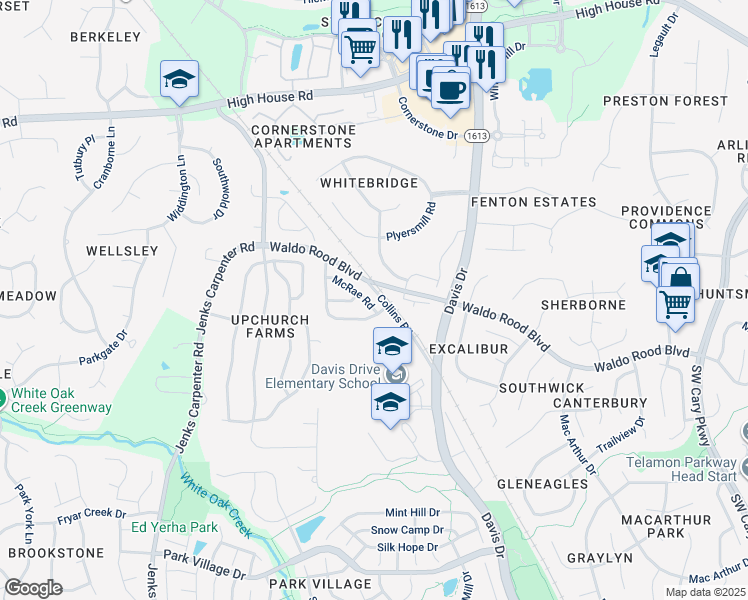 map of restaurants, bars, coffee shops, grocery stores, and more near 6037 Collins Road in Cary