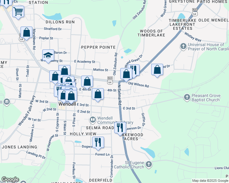 map of restaurants, bars, coffee shops, grocery stores, and more near 370 4th Street in Wendell