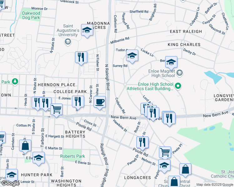 map of restaurants, bars, coffee shops, grocery stores, and more near 208 Colleton Road in Raleigh