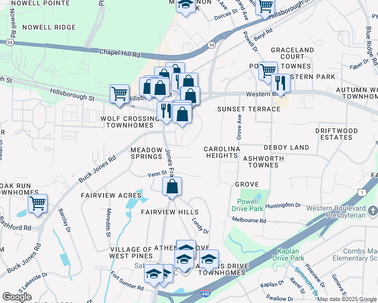map of restaurants, bars, coffee shops, grocery stores, and more near 4816 Blue Bird Court in Raleigh