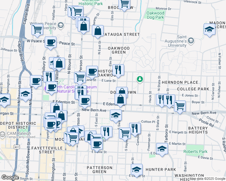 map of restaurants, bars, coffee shops, grocery stores, and more near 543 West Jones Street in Raleigh